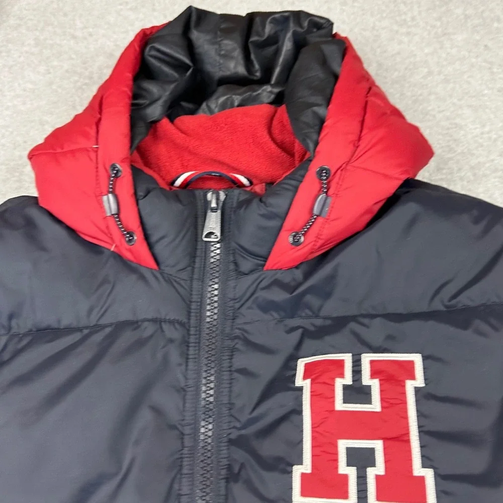 Tommy Hilfiger Mens XL Puffer Jacket Varsity Colorblock Navy White Red Hooded